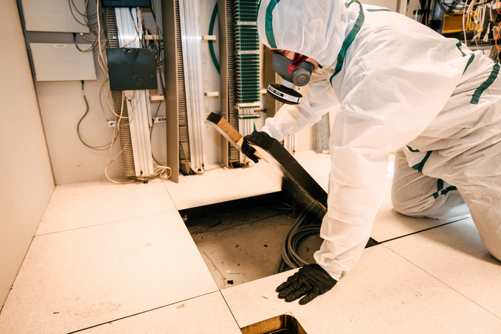 Technicien en combinaison de protection réalisant un repérage amiante sous plancher technique dans le cadre du Dossier Technique Amiante (DTA) d’un immeuble collectif